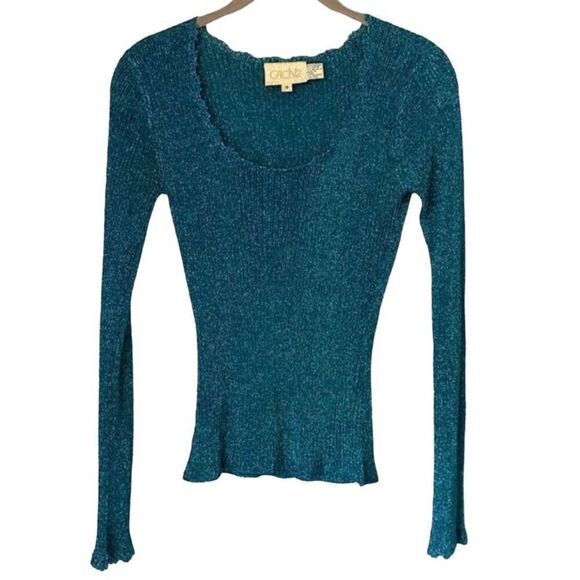 Cache women’s vintage metallic thread, blue green crochet, trim, fitted sweater, - Picture 1 of 6